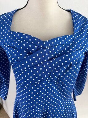 ACEVOG Blue White Polka Dot Vintage Style Crossover Swing Dress Medium